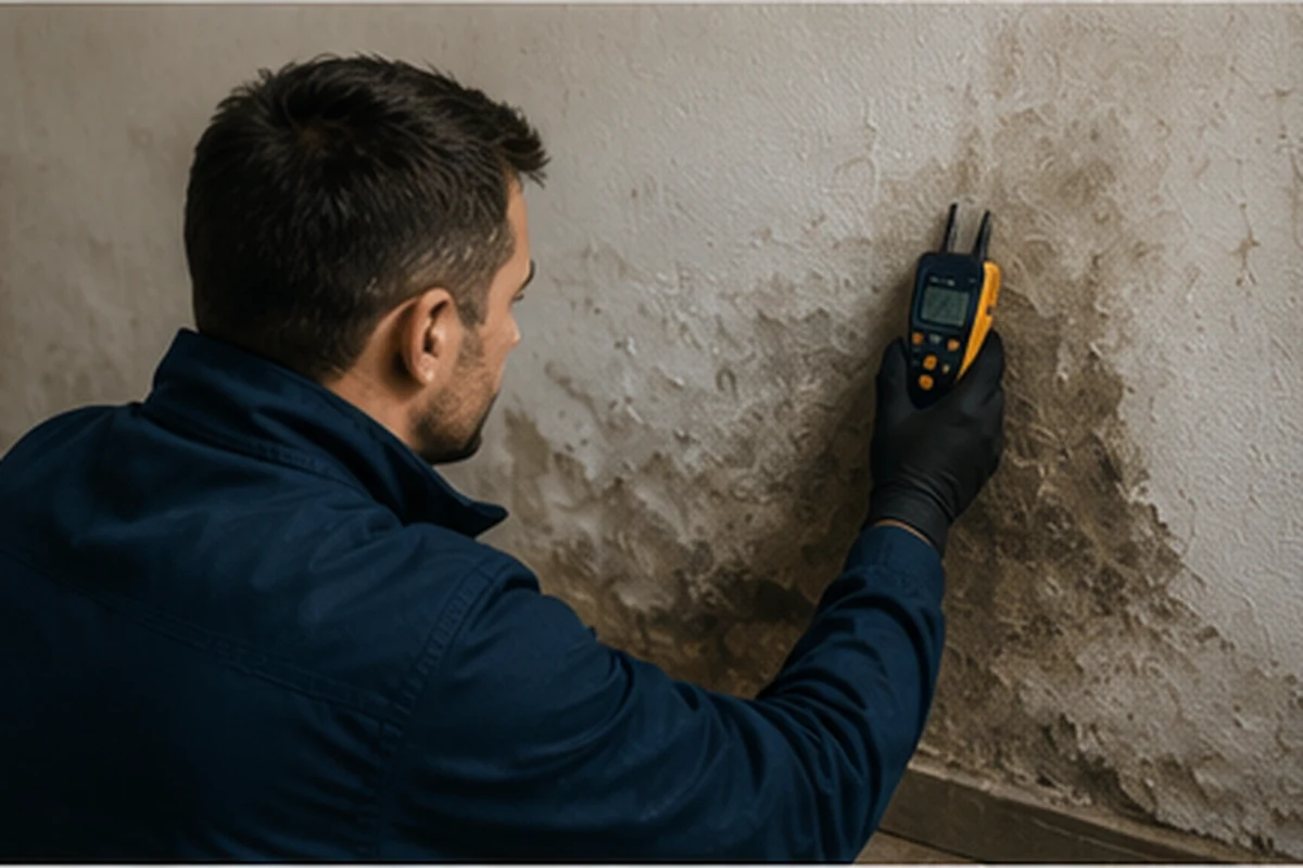 Técnico revisando una pared afectada por humedad con un medidor